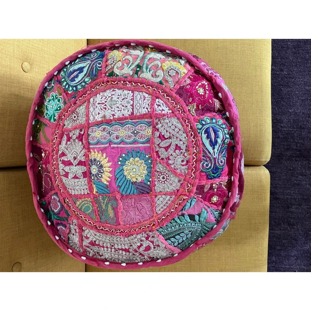 Handmade Indian Round Recycled Sari Patchwork Floor Pouf 18